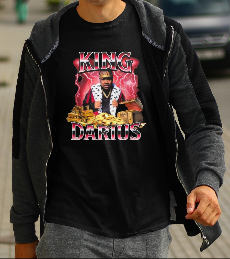 King Darius Royal Gold Treasure With Crown And Lightning Background T-Shirt