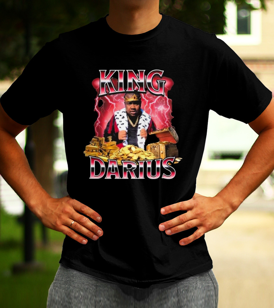 King Darius Royal Gold Treasure With Crown And Lightning Background T-Shirt