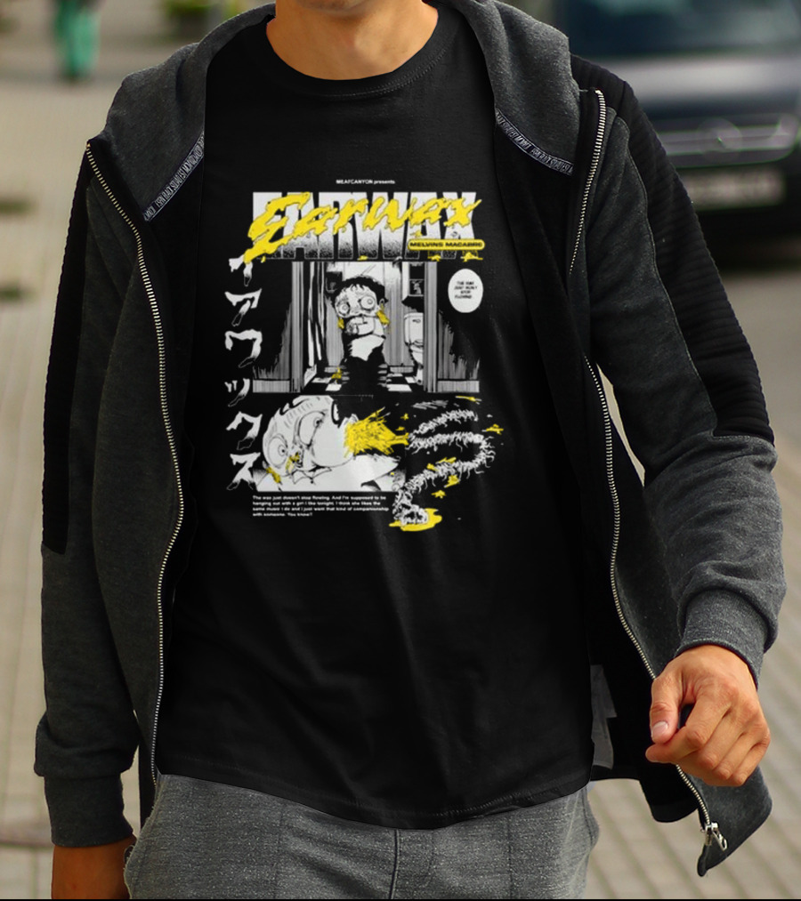 MEATCANYON Presents Earwax Melvin's Macabre Manga Comic Creepy Yellow Text Character Panels T-Shirt