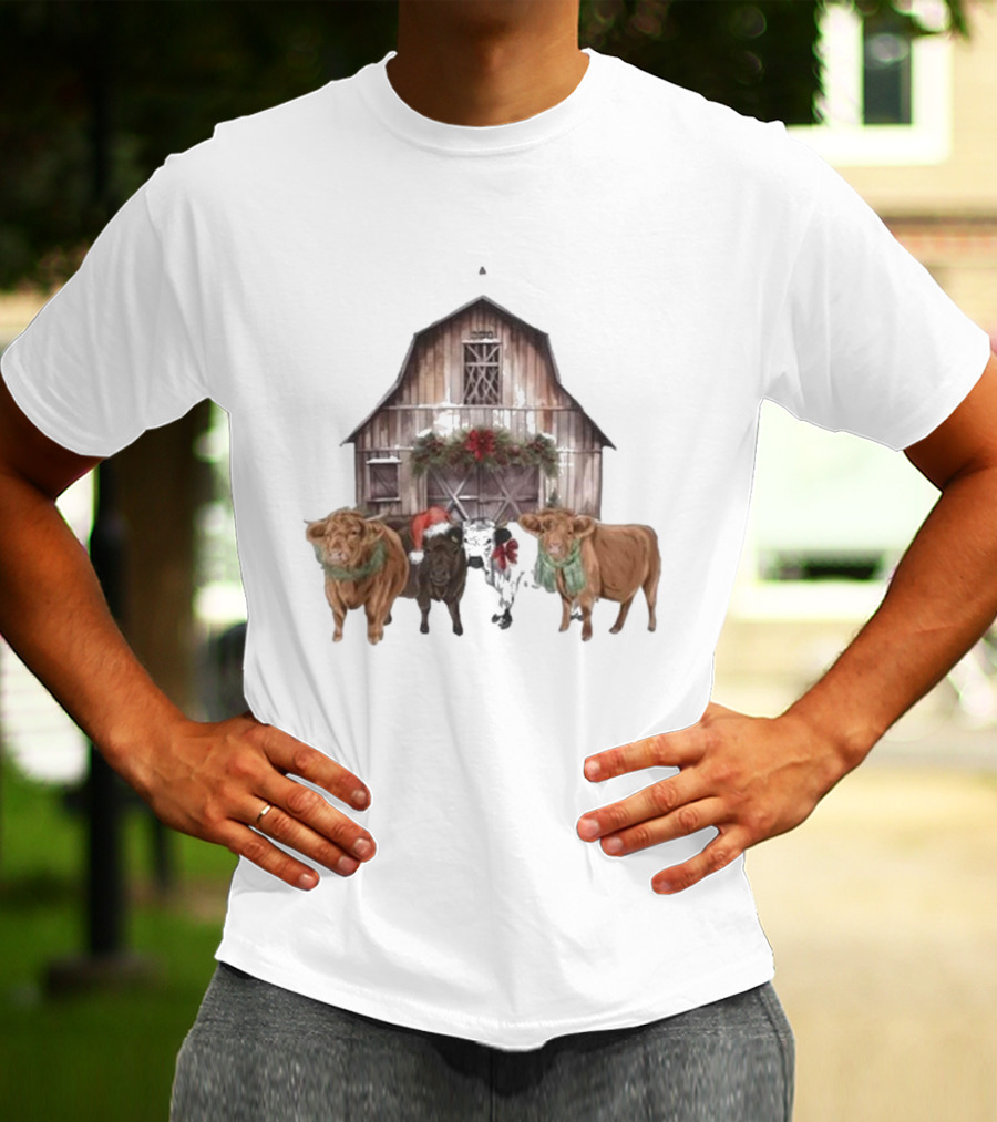 Katie Van Slyke Christmas Cows Barn Holiday Scene By Katie Van Slyke T-Shirt