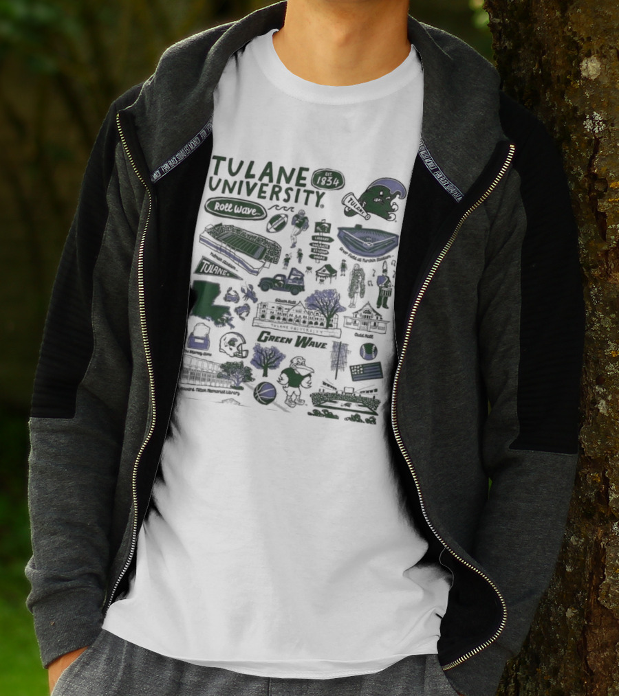 Tulane University Green Wave Roll Wave New Orleans Landmarks Est 1834 Tulane Stadium Riptide Mascot Iconography T-Shirt