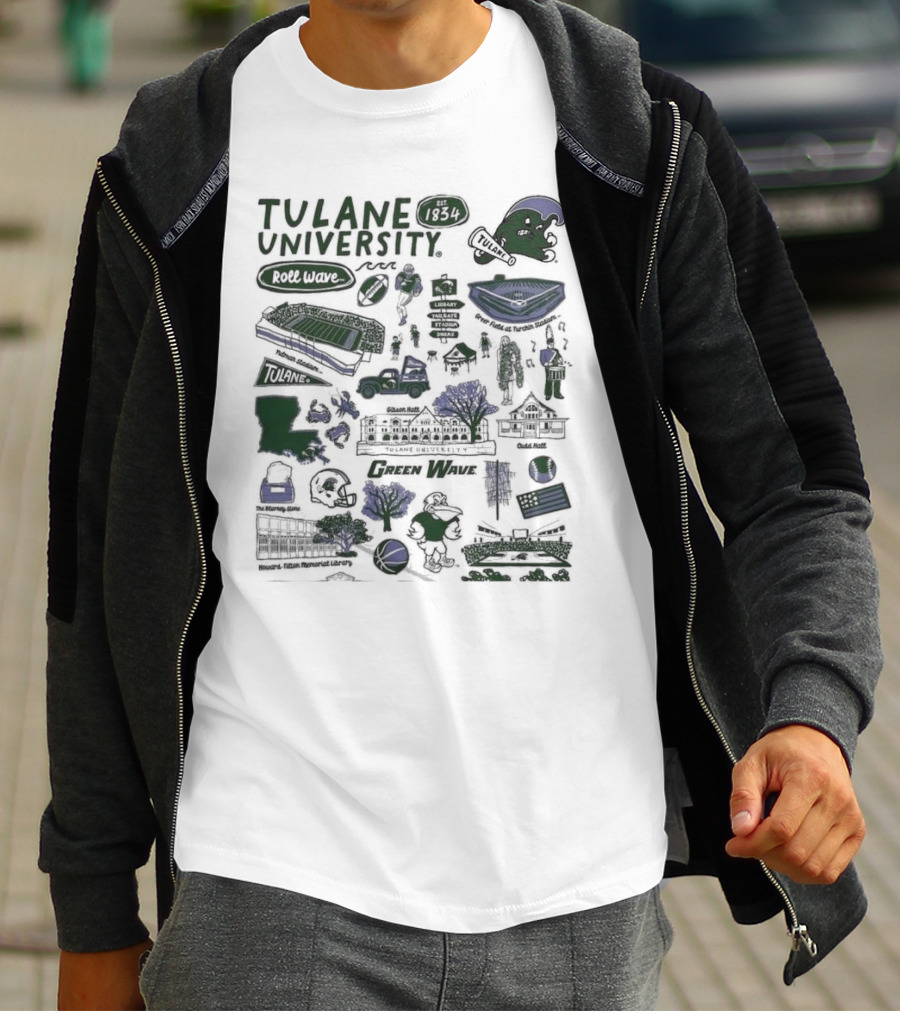 Tulane University Green Wave Roll Wave New Orleans Landmarks Est 1834 Tulane Stadium Riptide Mascot Iconography T-Shirt