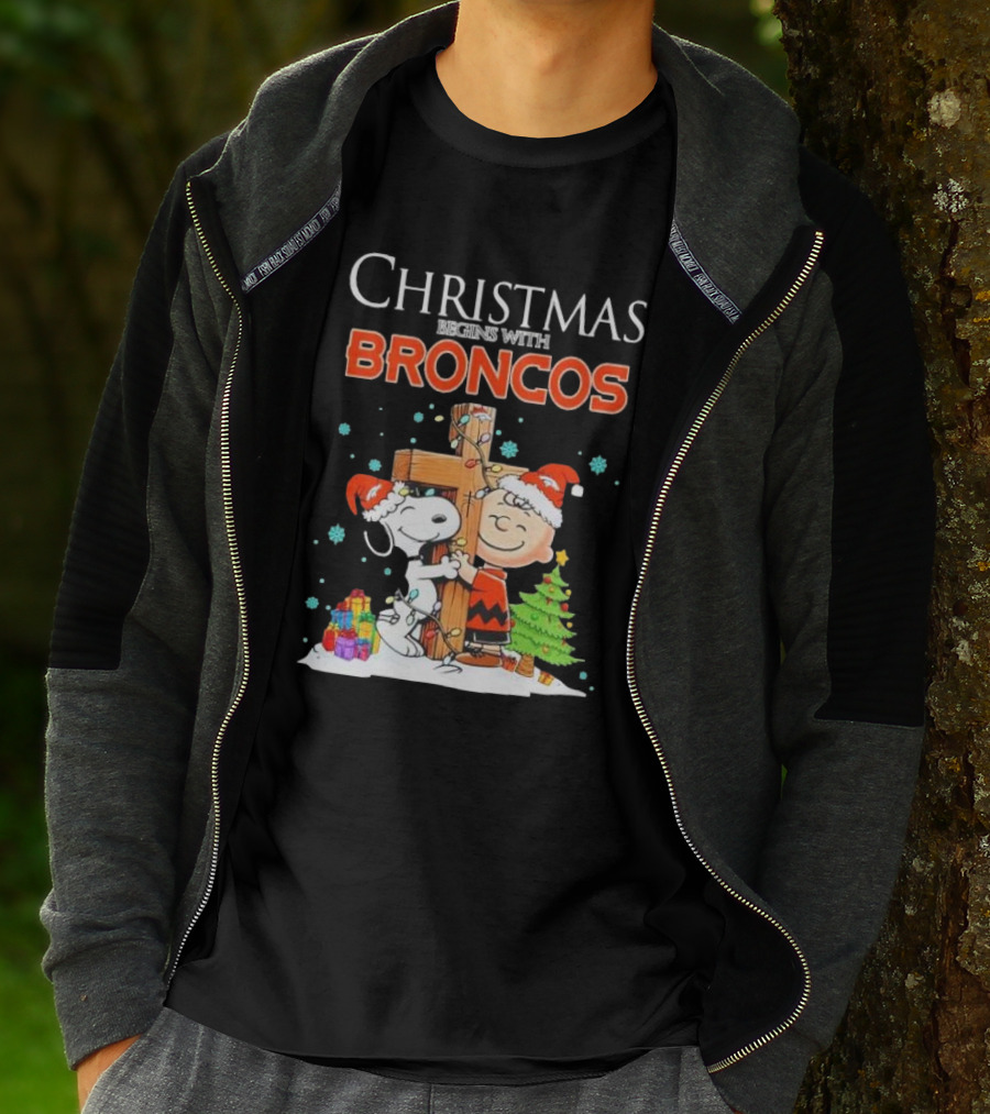 Christmas Begins With Broncos Charlie Brown Snoopy Hug Cross T-Shirt