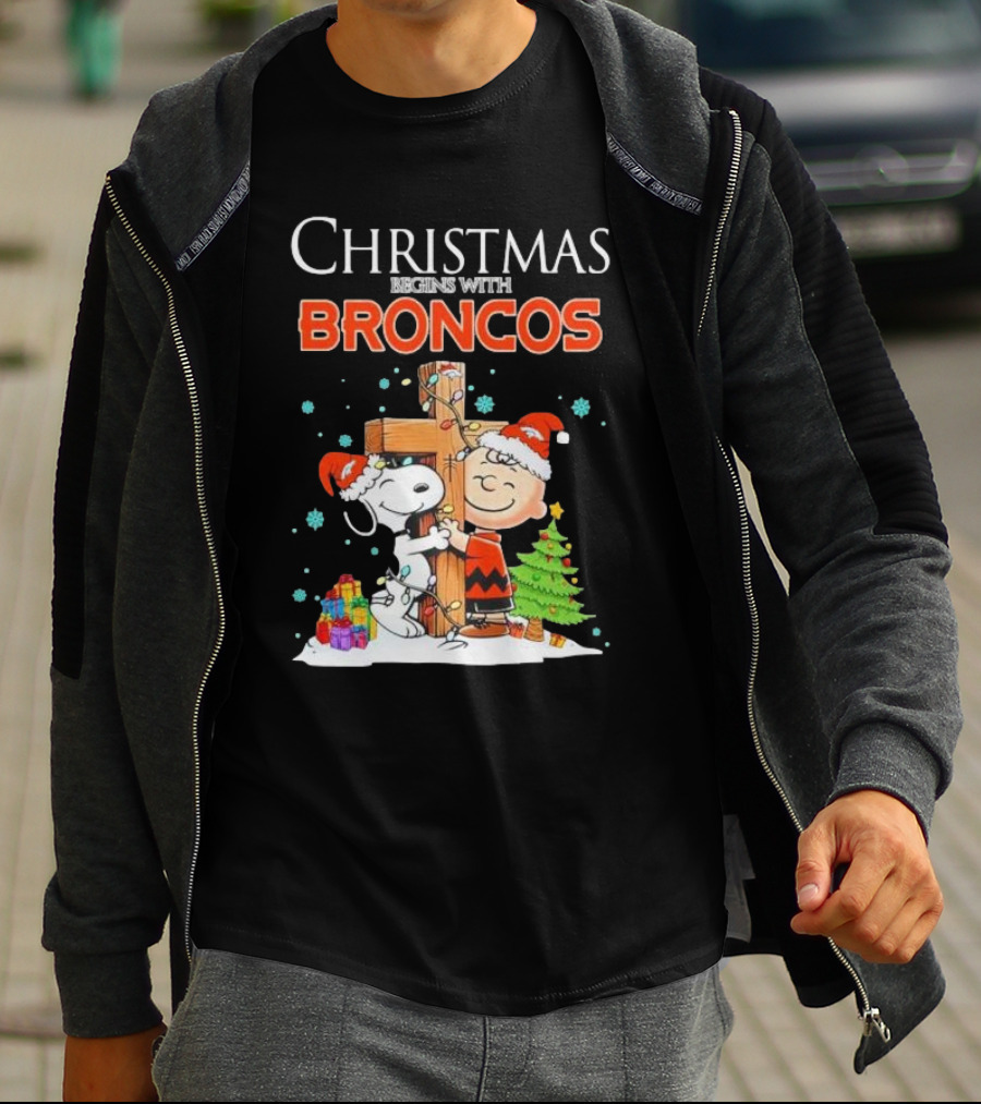 Christmas Begins With Broncos Charlie Brown Snoopy Hug Cross T-Shirt