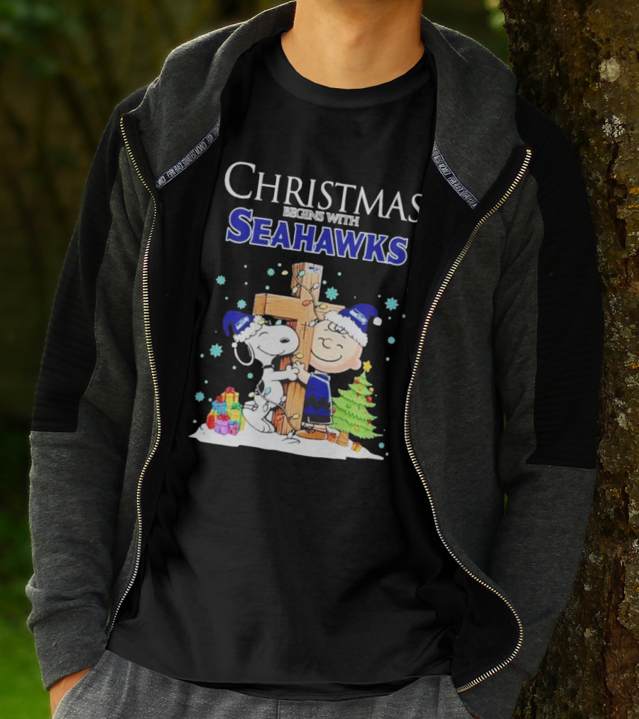 Christmas Begins With Seahawks Charlie Brown Snoopy Jesus Cross T-Shirt
