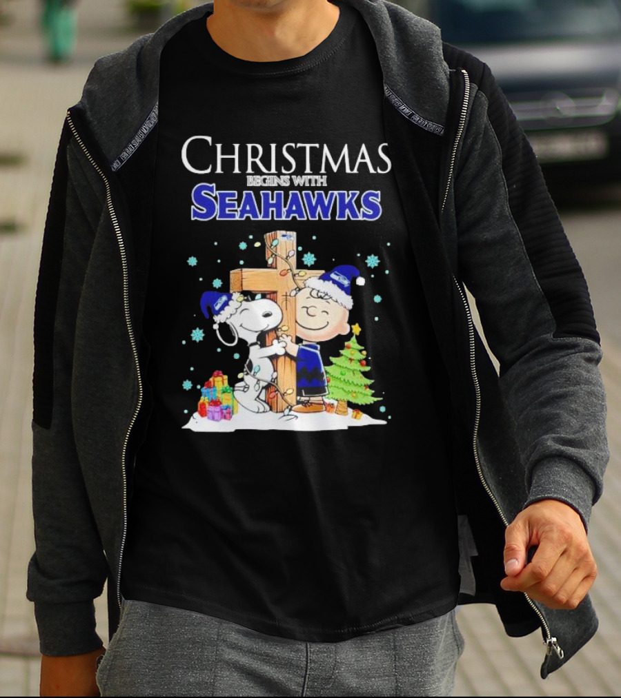 Christmas Begins With Seahawks Charlie Brown Snoopy Jesus Cross T-Shirt