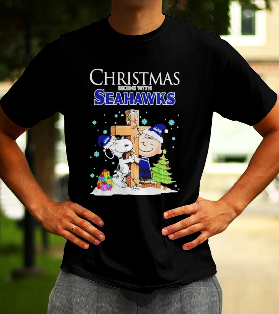 Christmas Begins With Seahawks Charlie Brown Snoopy Jesus Cross T-Shirt