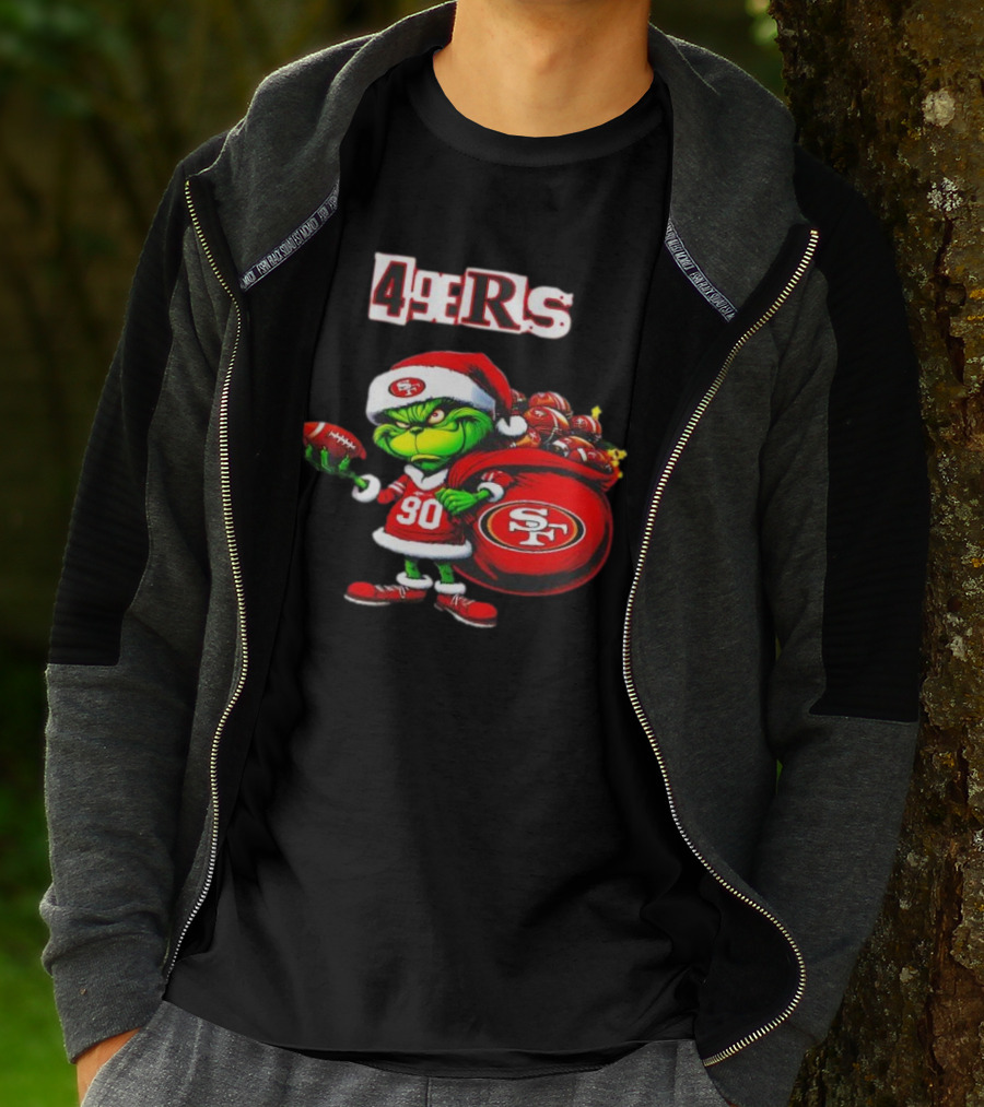 San Francisco 49ers Grinch With Santa Hat And Football Sack Christmas T-Shirt