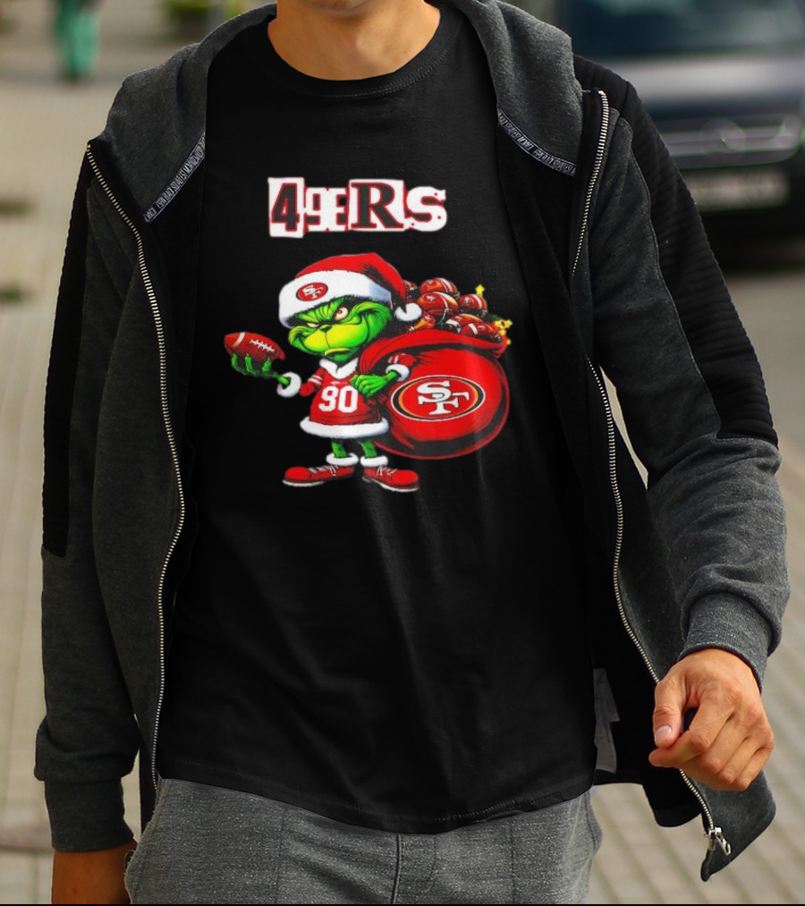 San Francisco 49ers Grinch With Santa Hat And Football Sack Christmas T-Shirt