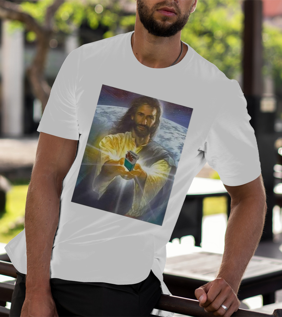 Jesus Offering Marlboro Cigarettes On Cosmic Background T-Shirt