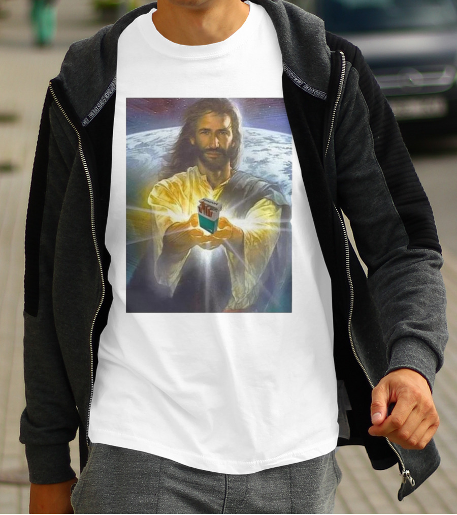 Jesus Offering Marlboro Cigarettes On Cosmic Background T-Shirt
