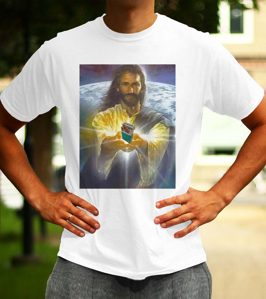Jesus Offering Marlboro Cigarettes On Cosmic Background T-Shirt
