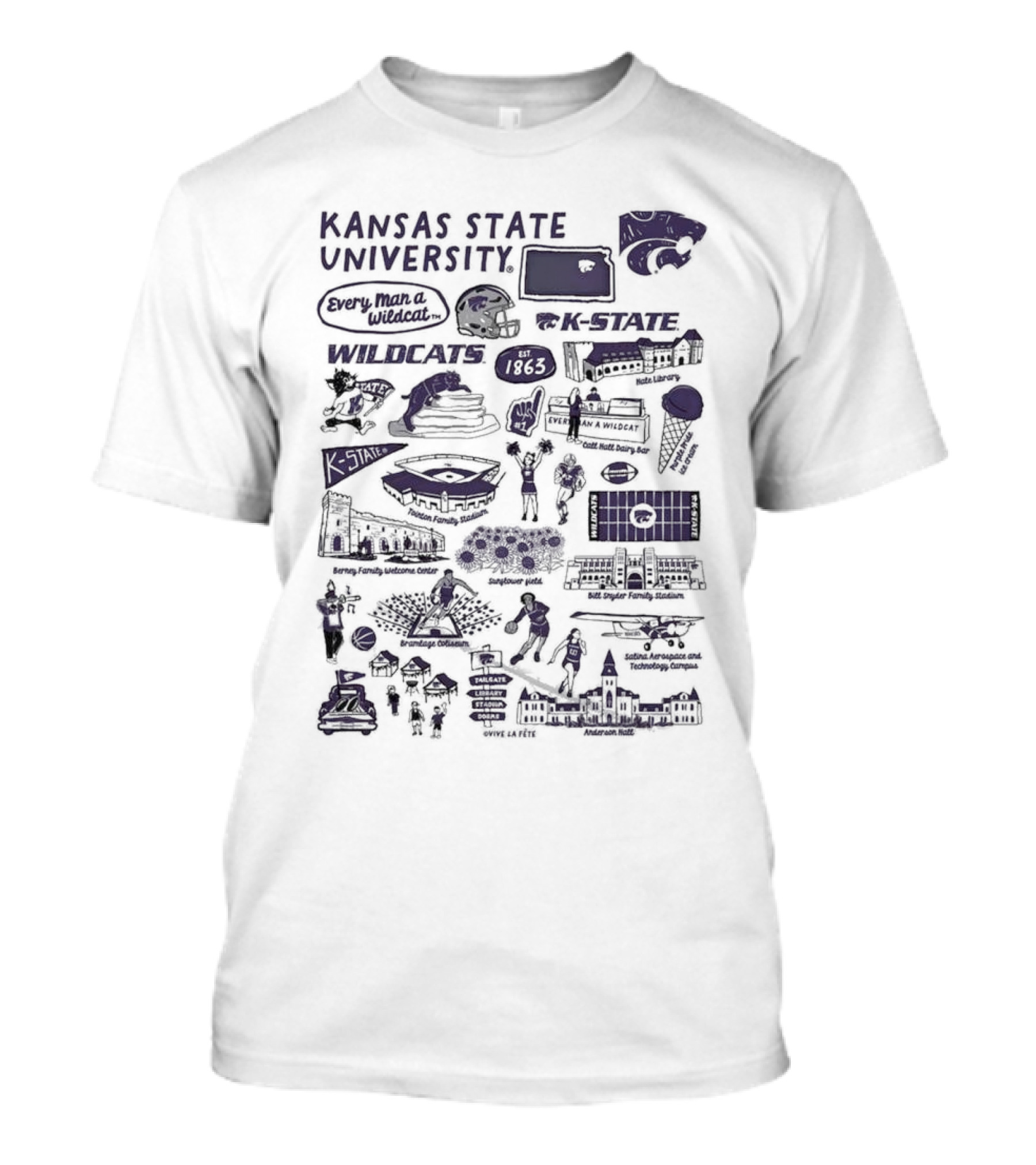 Kansas State University Wildcats Vive La Fete K-State Impressions 1863 Memorial Stadium Anderson Hall Basketball Football Manhattan Campus T-Shirt