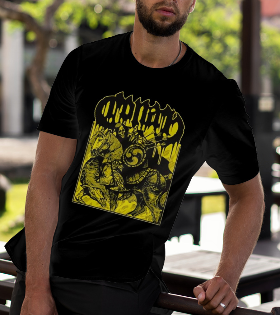 Conan Horseback Warrior With Shield And Hammer On Black And Yellow T-Shirt