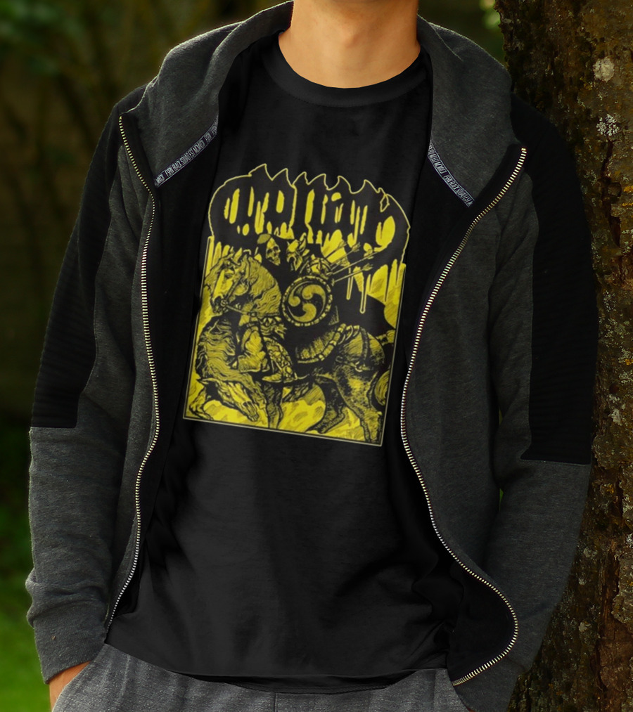 Conan Horseback Warrior With Shield And Hammer On Black And Yellow T-Shirt