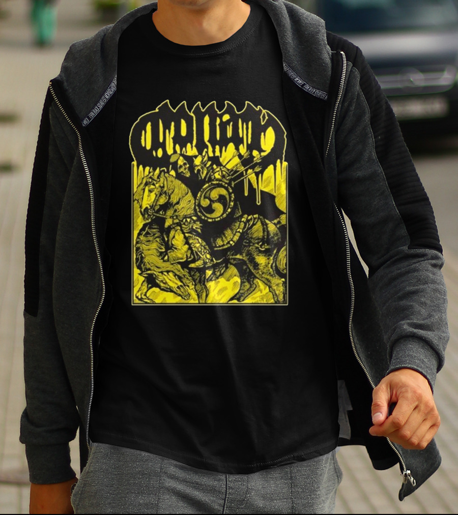 Conan Horseback Warrior With Shield And Hammer On Black And Yellow T-Shirt