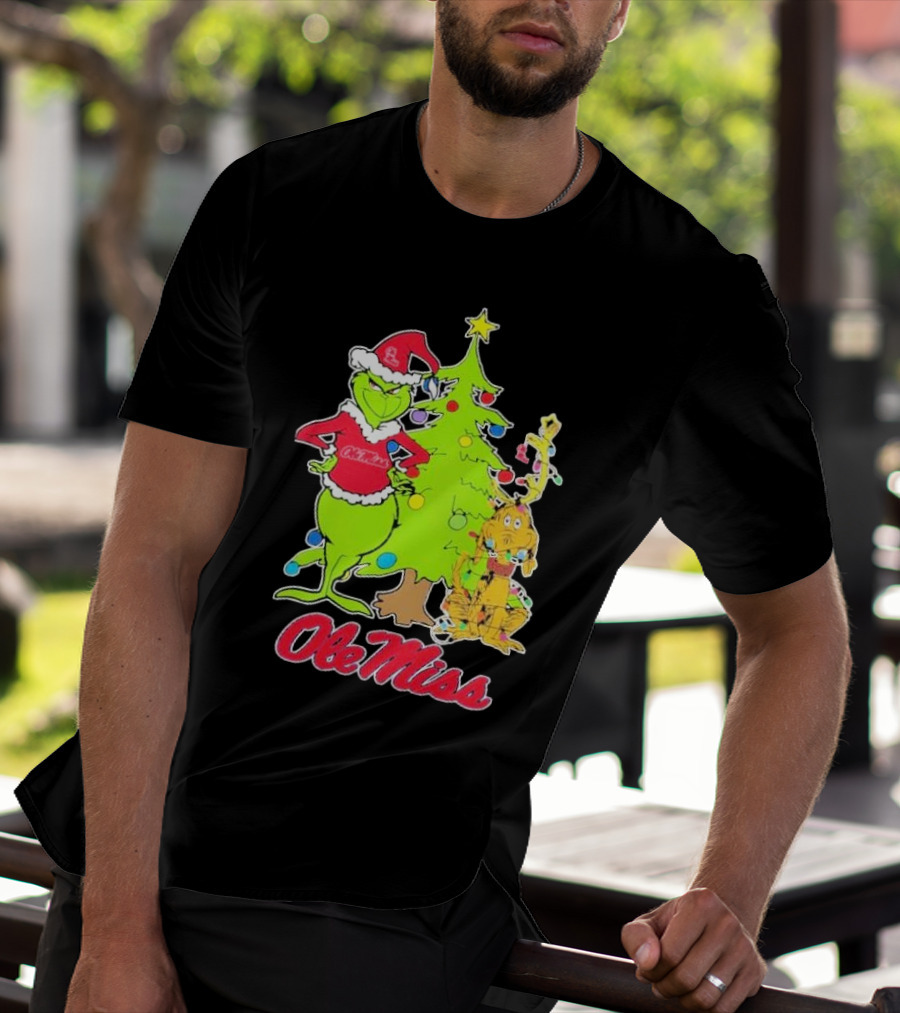 Ole Miss Rebels Grinch And Max Dog Christmas Tree T-Shirt