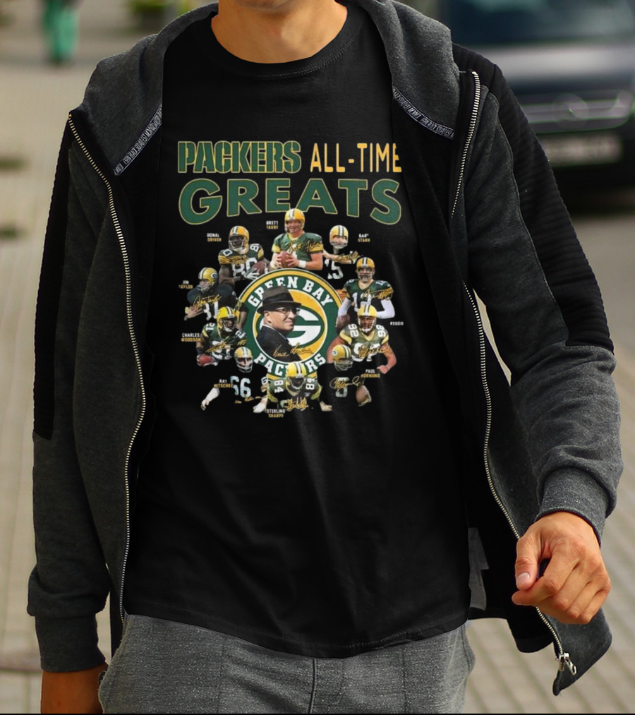 Packers All-Time Greats Green Bay Legends Signatures Brett Favre Bart Starr T-Shirt