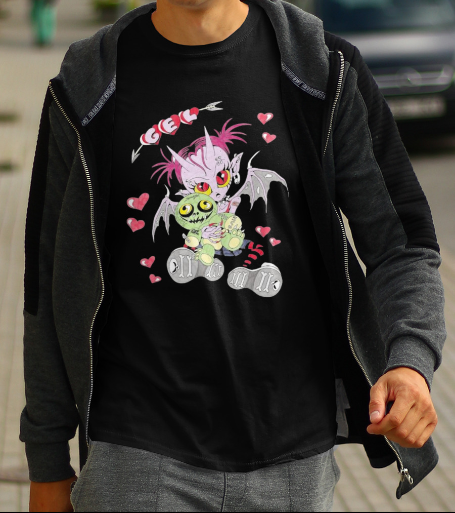 Gelhardcore Turbo Bat Creature Holding Plush Surrounded By Hearts T-Shirt