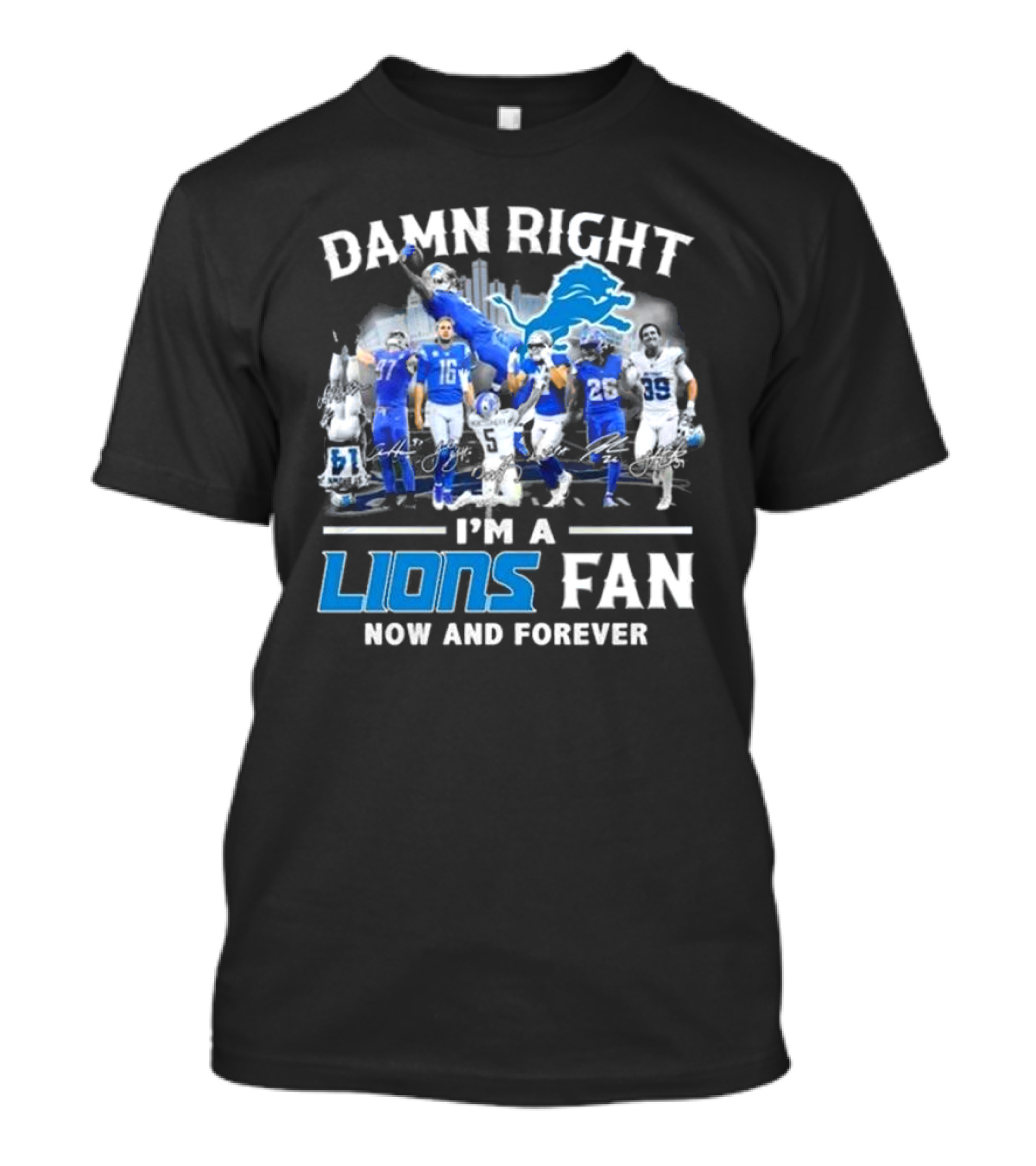 Damn Right I'm A Detroit Lions Fan Now And Forever Signatures Skyline T-Shirt