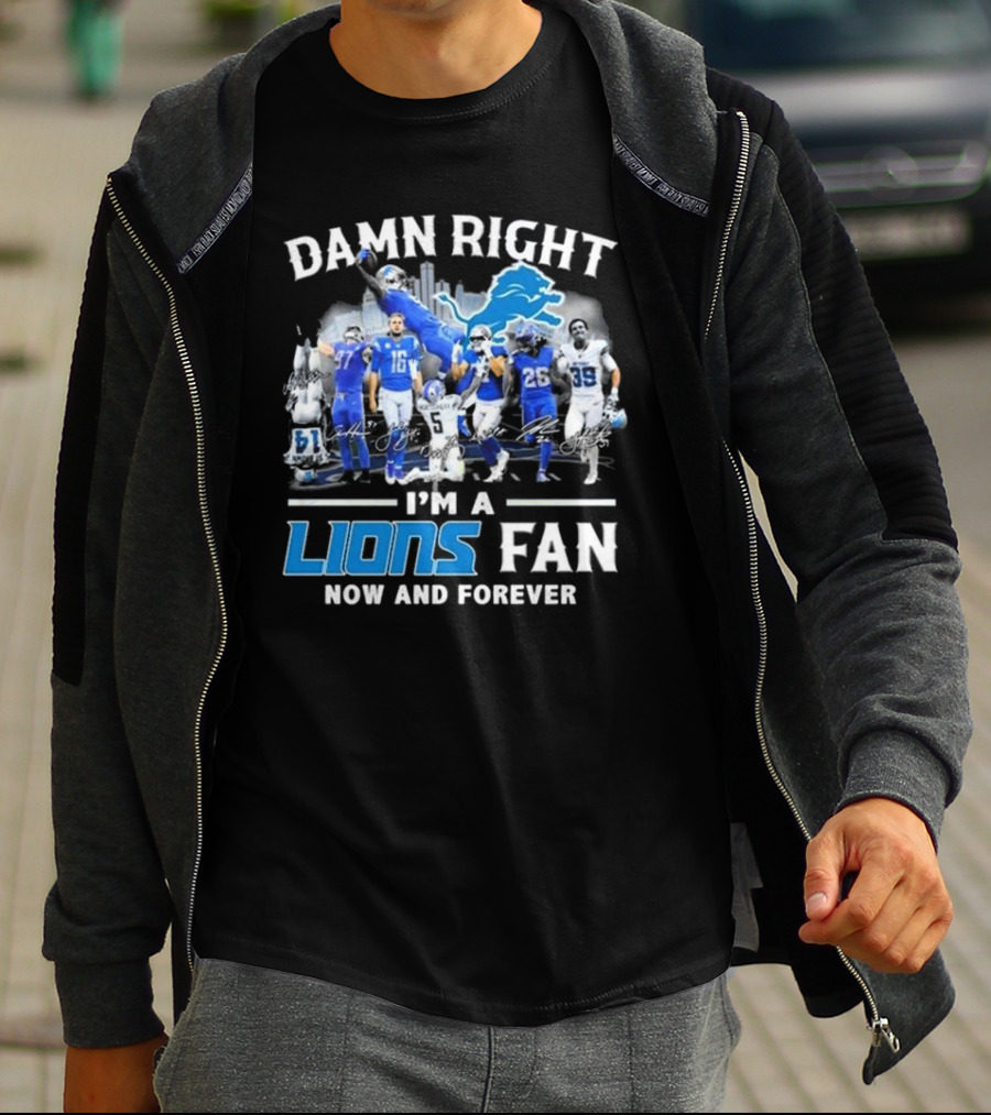 Damn Right I'm A Detroit Lions Fan Now And Forever Signatures Skyline T-Shirt
