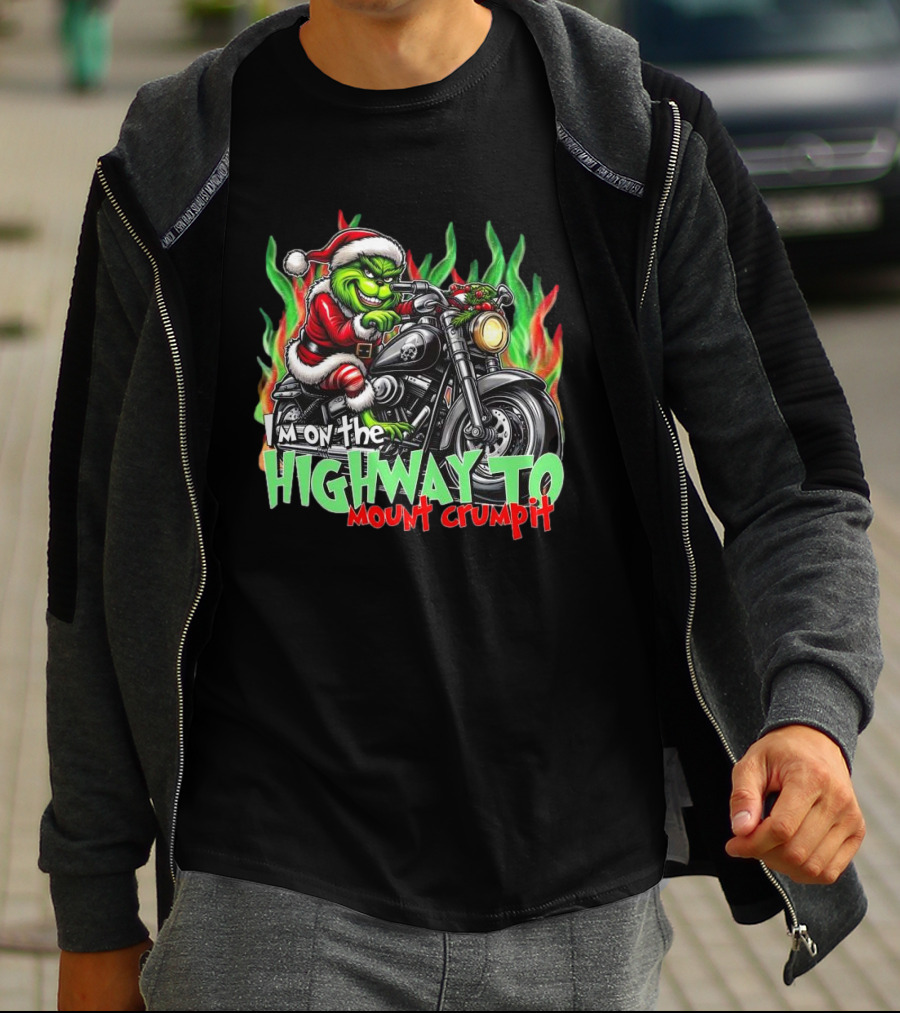 The Grinch Santa Riding Motorcycle On The Highway To Mount Crumpit Christmas T-Shirt