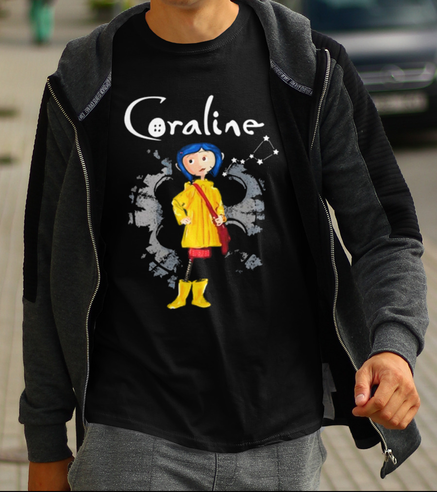 Coraline Character In Yellow Coat With Button Eyes And Star Constellation Background T-Shirt