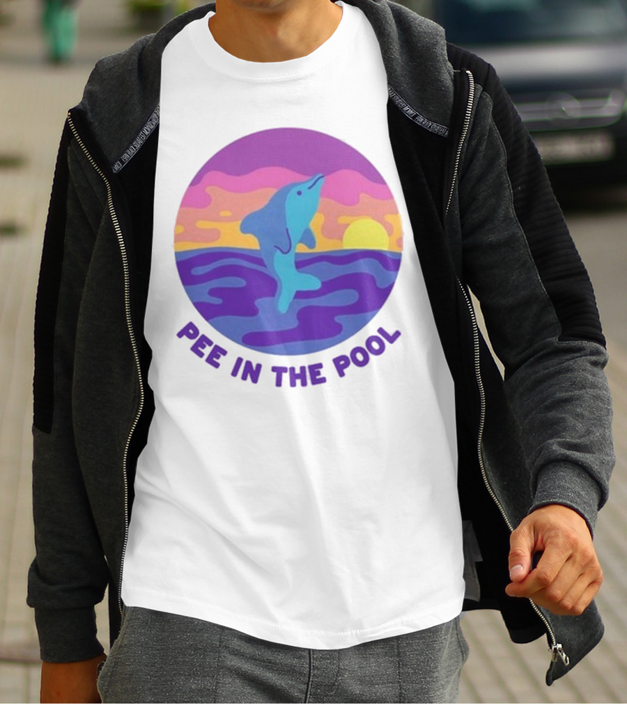Pee In The Pool Dolphin Retro Sunset Ocean Scene T-Shirt