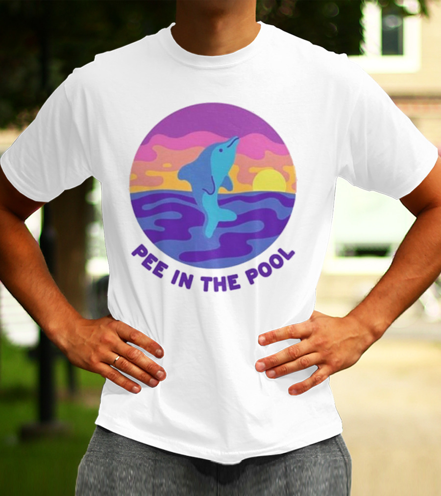 Pee In The Pool Dolphin Retro Sunset Ocean Scene T-Shirt