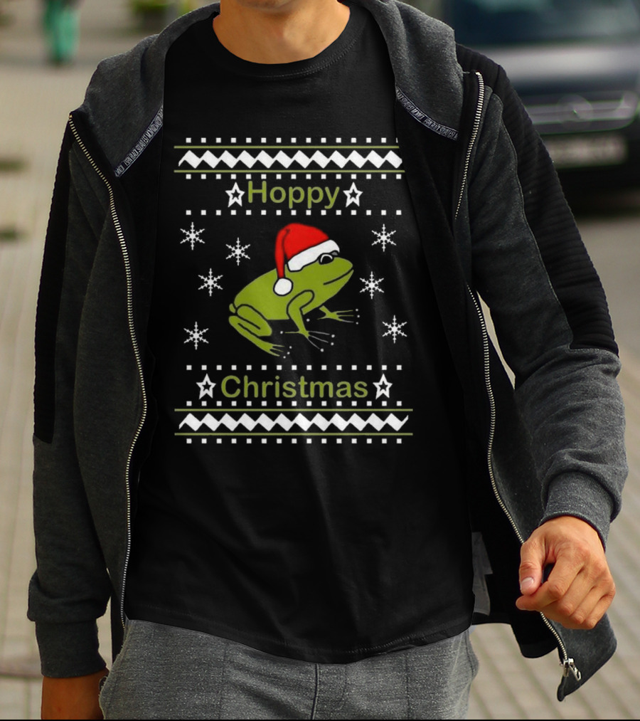 Hoppy Christmas Frog Wearing Santa Hat Surrounded By Snowflakes T-Shirt
