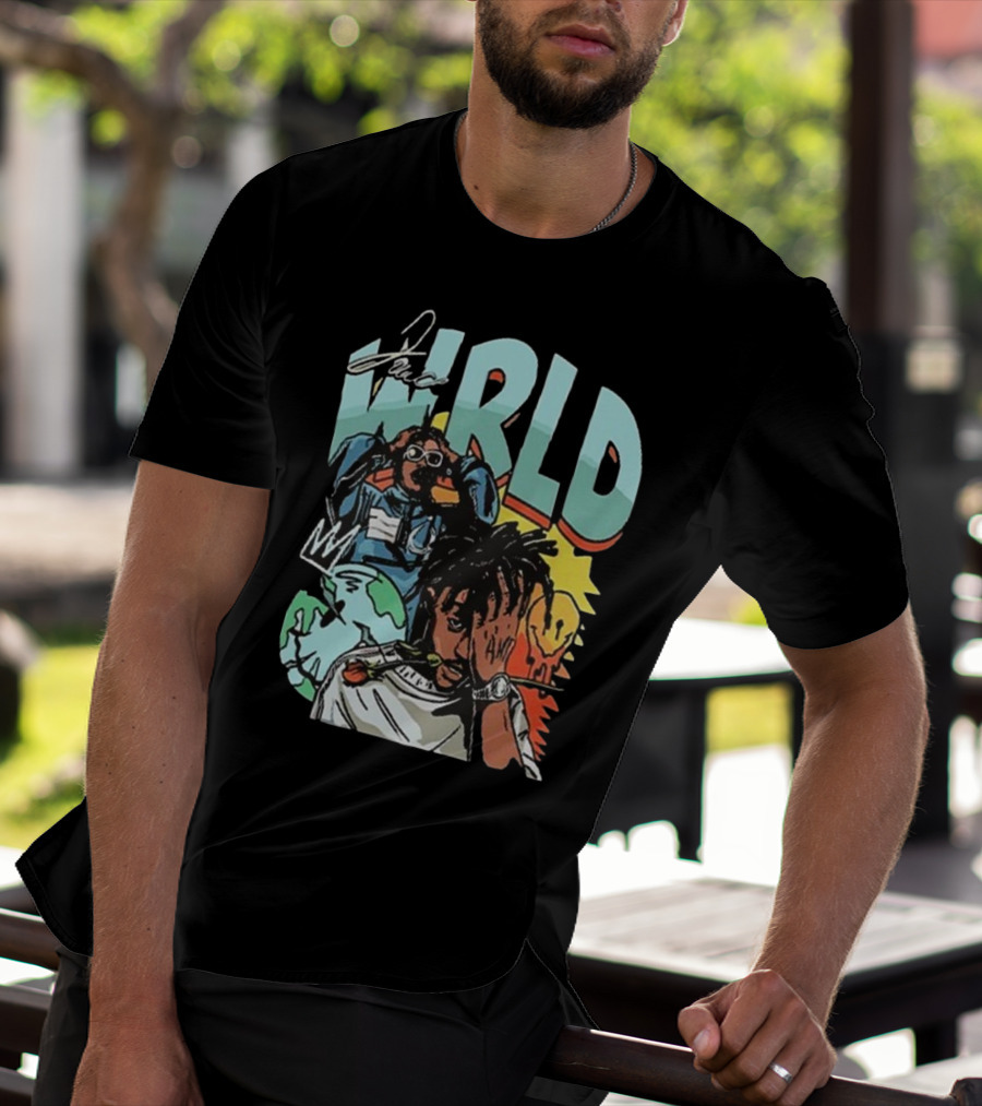 Juice WRLD Rapper Signature And Cartoon Globe With Crown T-Shirt