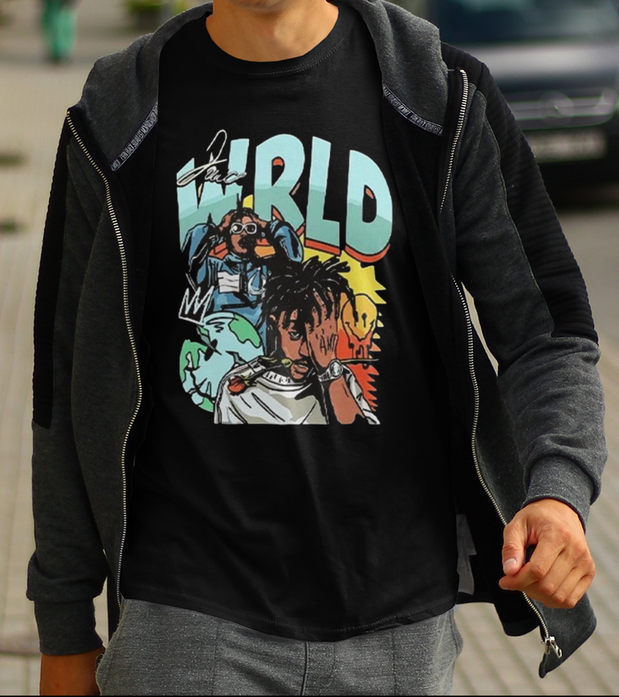 Juice WRLD Rapper Signature And Cartoon Globe With Crown T-Shirt