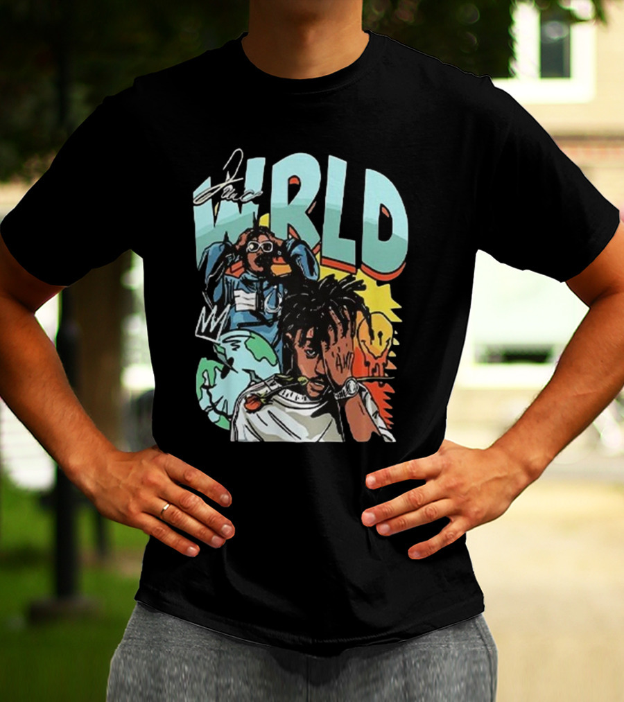 Juice WRLD Rapper Signature And Cartoon Globe With Crown T-Shirt