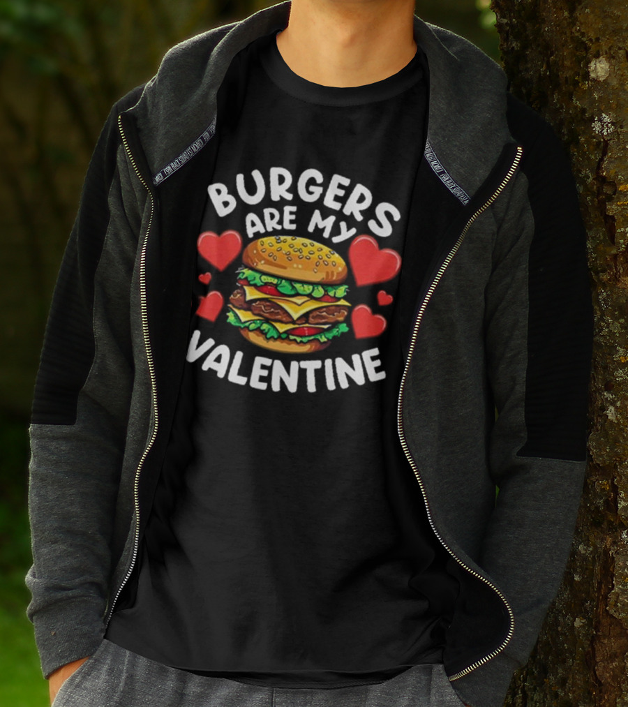 Burgers Are My Valentine Surrounded By Red Hearts T-Shirt