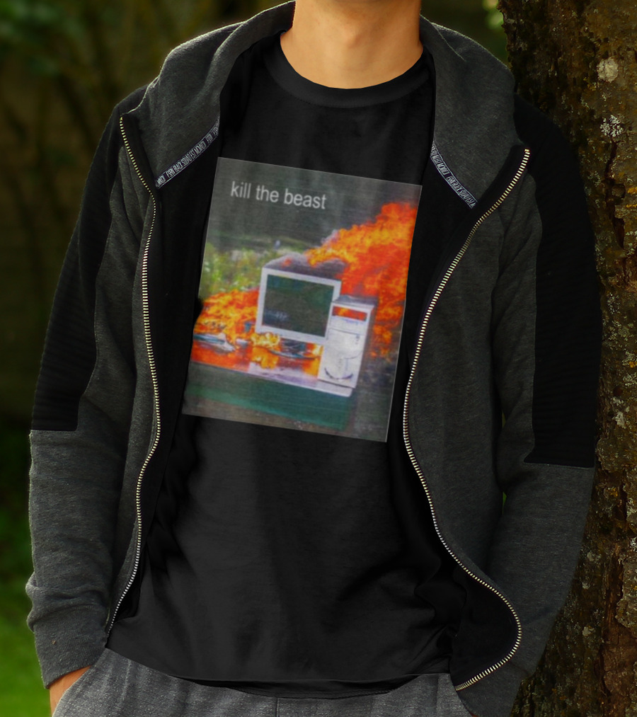 Kill The Beast Flaming Computer Dogecore Duel Monitors T-Shirt