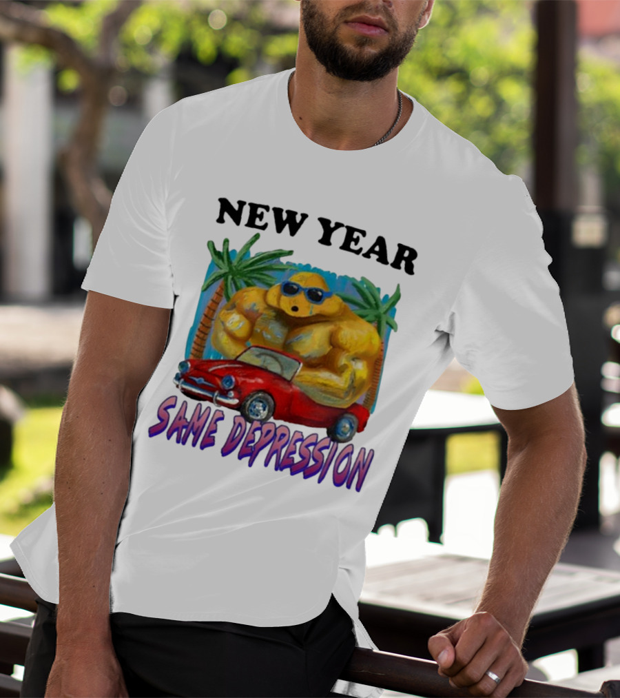 New Year Same Depression Buff Duck Red Convertible Palm Trees T-Shirt
