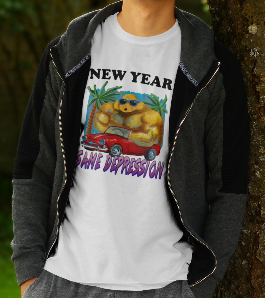 New Year Same Depression Buff Duck Red Convertible Palm Trees T-Shirt