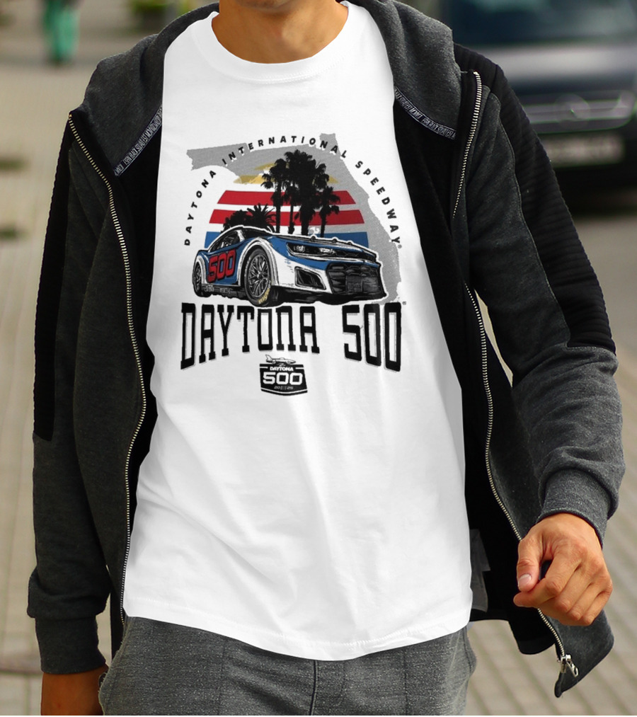 Daytona 500 Daytona International Speedway 2025 Racing Car Graphic With Palm Trees And Stripes T-Shirt