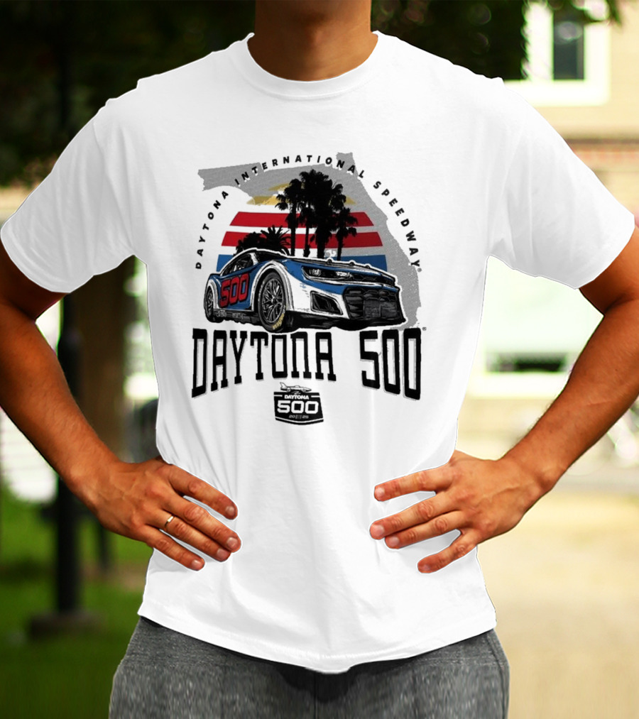 Daytona 500 Daytona International Speedway 2025 Racing Car Graphic With Palm Trees And Stripes T-Shirt