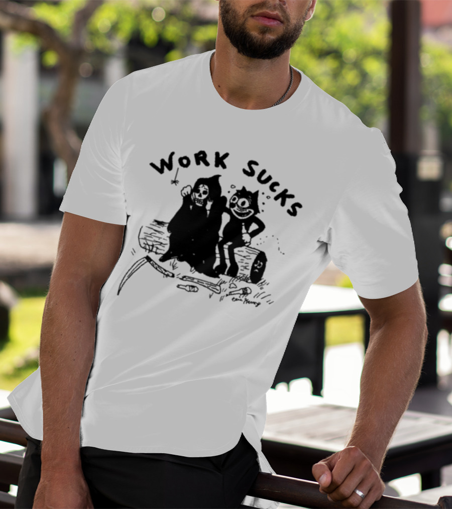 Heavyslime Work Sucks Grim Reaper And Cat Cartoon Comic Art By Eric Kenney T-Shirt