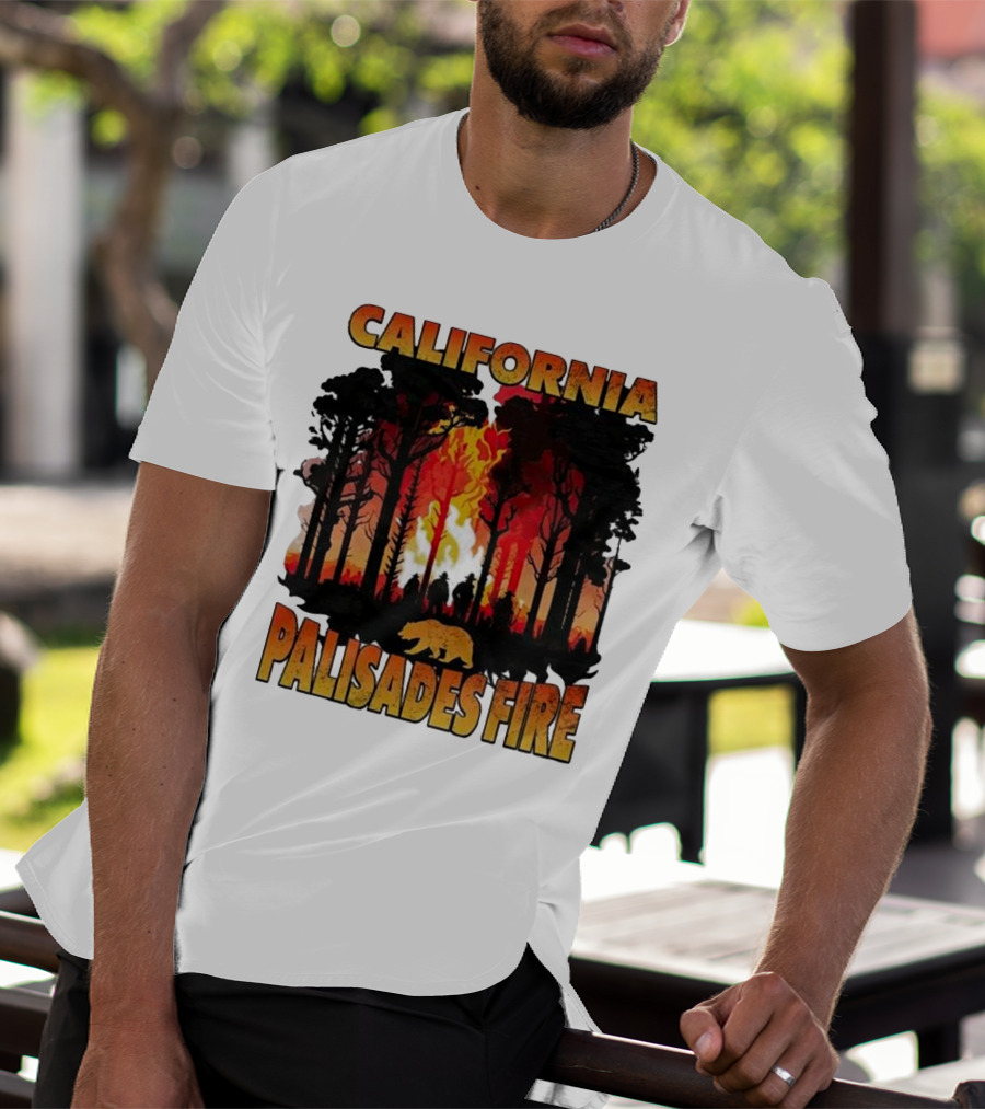 California Palisades Fire 2025 Forest Silhouette And Flames With Bear T-Shirt