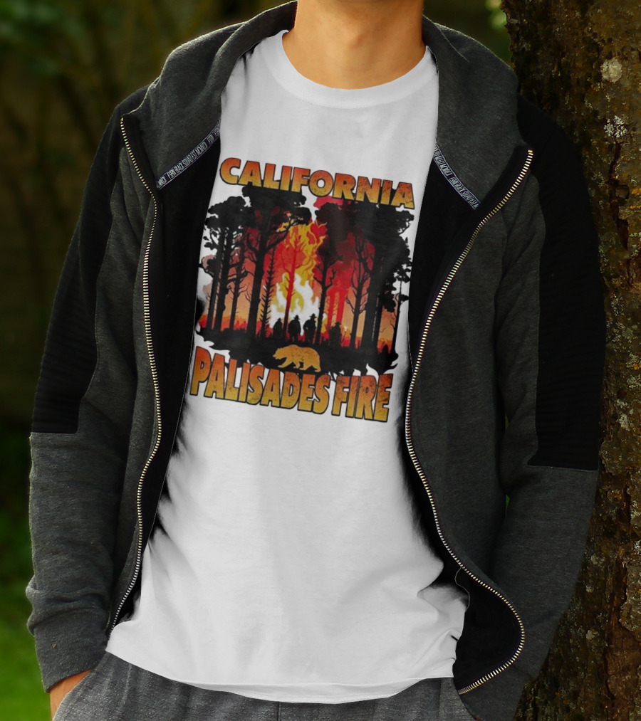 California Palisades Fire 2025 Forest Silhouette And Flames With Bear T-Shirt
