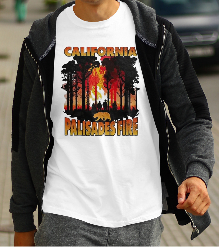 California Palisades Fire 2025 Forest Silhouette And Flames With Bear T-Shirt