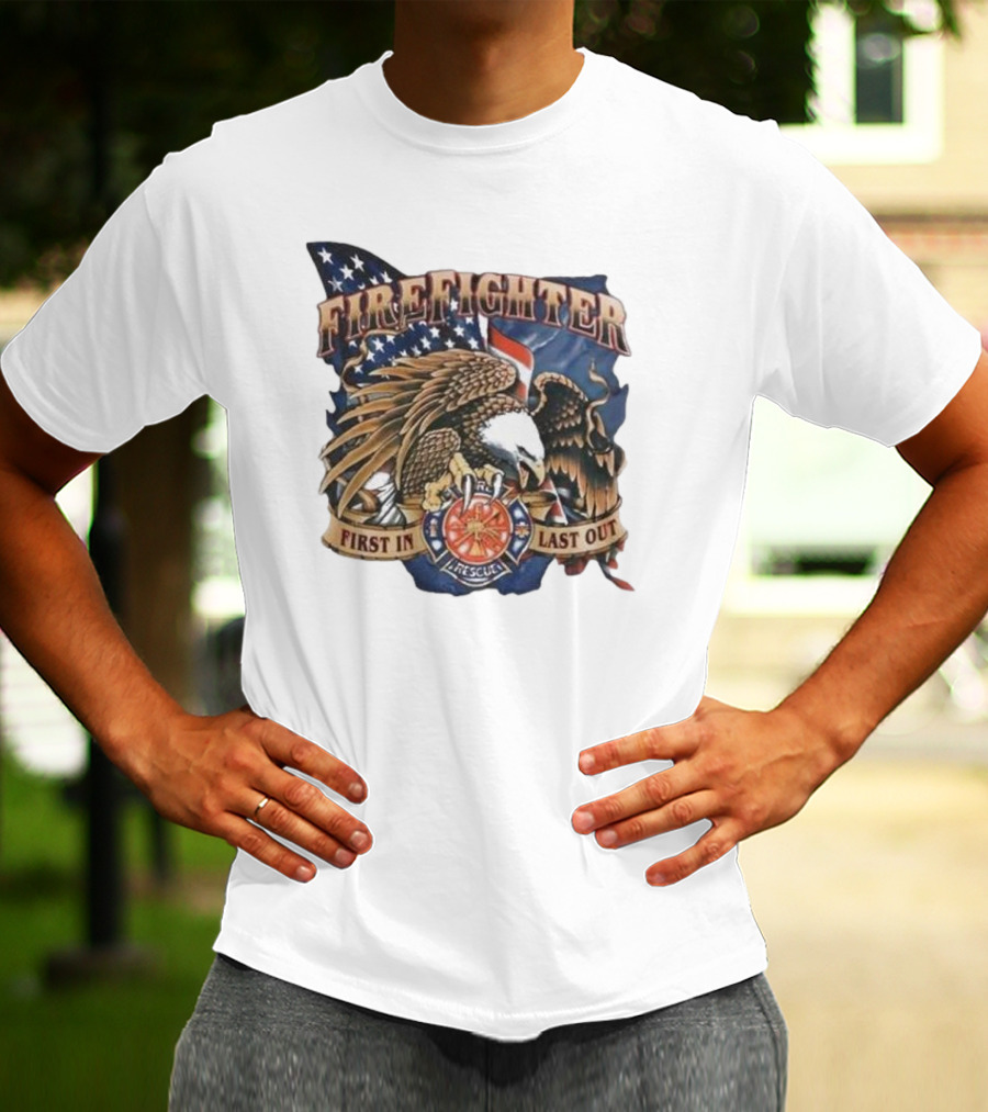 Firefighter First In Last Out Eagle American Flag Rescue T-Shirt