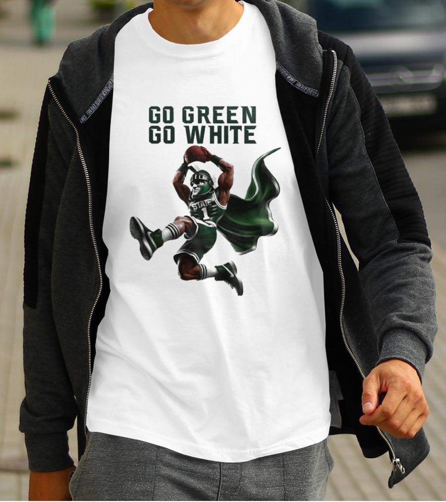 NCAA Michigan State Spartans Go Green Go White 2025 Mascot Dunking Basketball Player T-Shirt