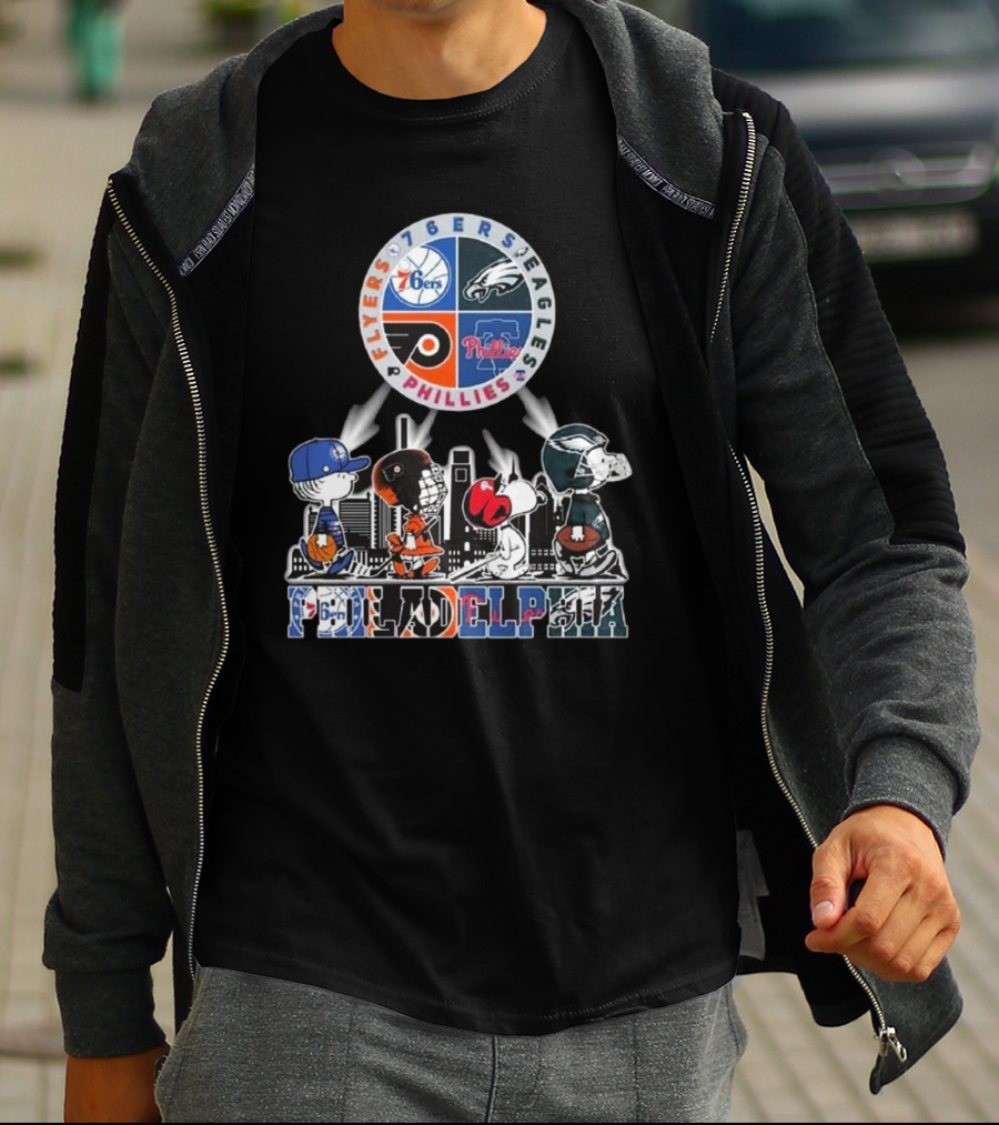 Peanuts Characters In Philadelphia Flyers 76ers Eagles Phillies Sports Mashup T-Shirt