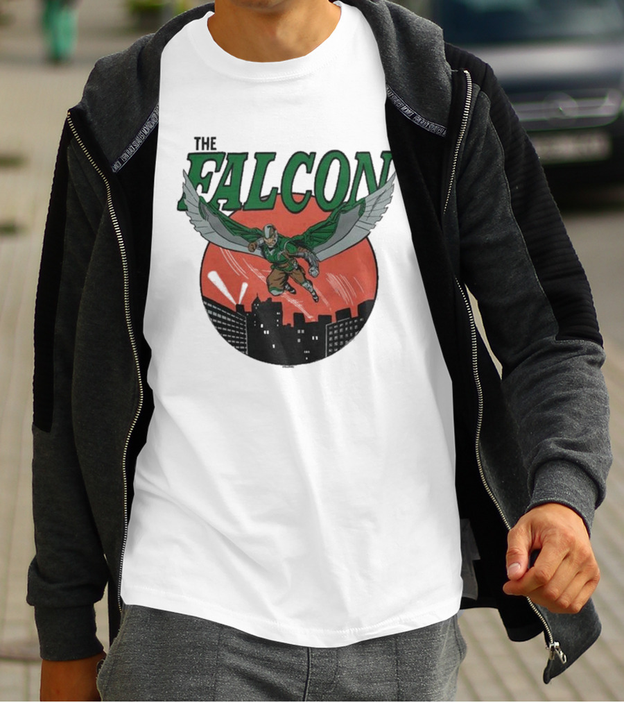 The Falcon Soaring Over City Skyline In Action-Packed Comic T-Shirt