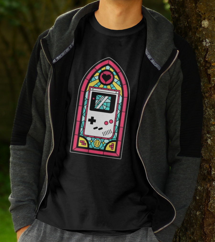 Game Boy 8-Bit Stained Glass Heart Coin Pixel Art Window T-Shirt