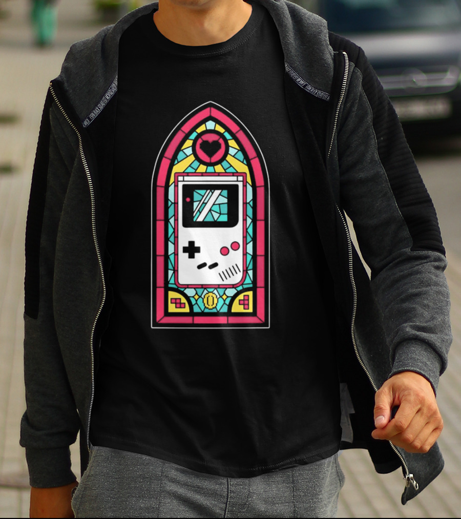 Game Boy 8-Bit Stained Glass Heart Coin Pixel Art Window T-Shirt