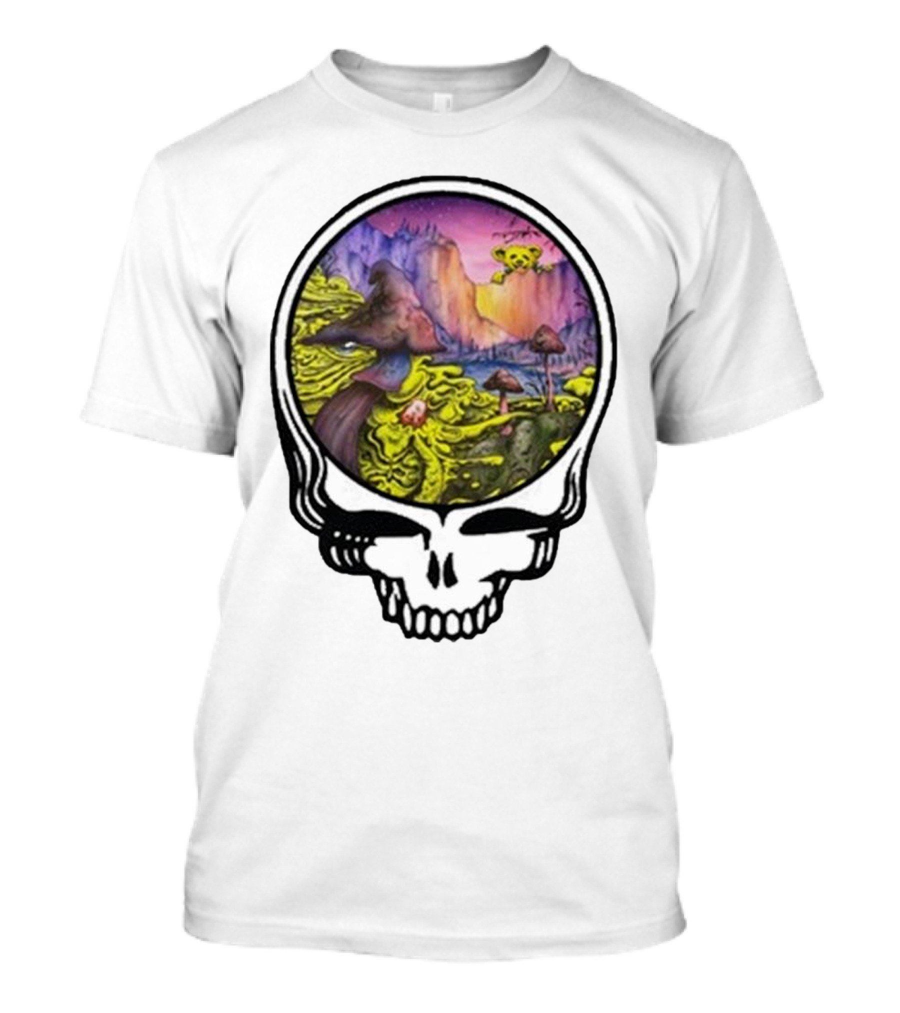 Grateful Dead Skull With Psychedelic Landscape And Mushrooms T-Shirt